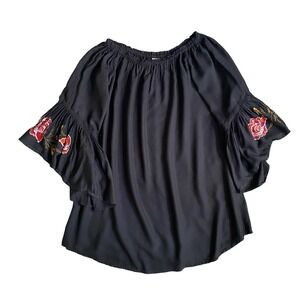 Feathers Peasant Top Tunic Black M Off The Shoulder Embroidered Boho Artsy Gypsy